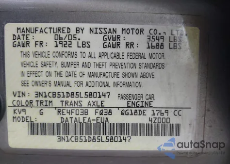 2005 Nissan Sentra 1.8S из США, поврежденный, VIN 3N1CB51D85L580147